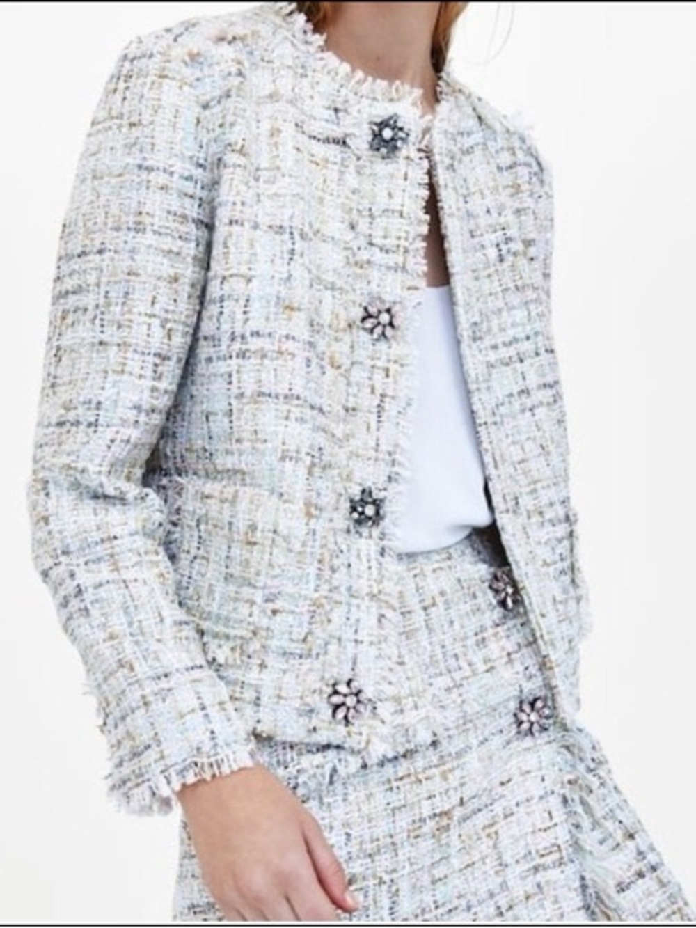 Zara Tweed Skirt Suit Matching Set with Decorative Flower Buttons XS
